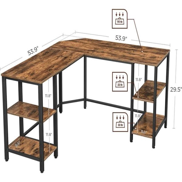 Meubles de chambre à coucher Coin de bureau d'ordinateur en forme de L avec rangement pour bureau à domicile 4 étagères Poste de travail d'écriture rustique marron et noir 34 Dhyjq