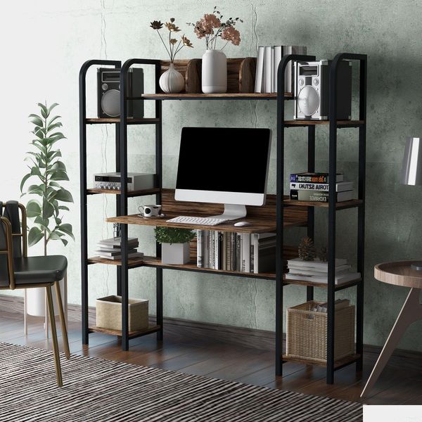 Muebles de dormitorio MTI-Funciones Escritorio para computadora con gabinete Espresso Moderno Estilo simple Marco de metal negro Rústico Marrón Drop Entrega H Dhltd