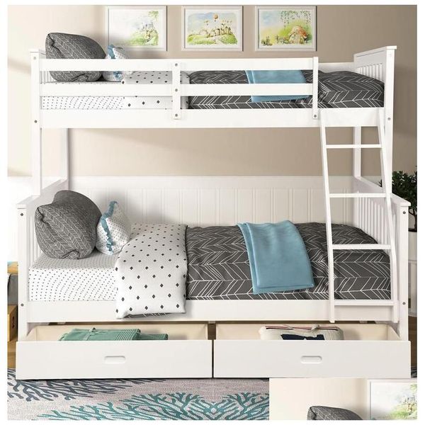 Muebles de dormitorio EE. UU. Stock Twin Over Fl Litera con escaleras Dos Ders de almacenamiento Blanco para niños Adt Lp000065Kaa Drop Delivery Home Gard Dh23J