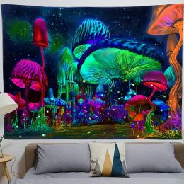 Champignon de chambre à coucher tapisserie psychédélique plante fantastique plante étoilée nocturne tapisserie murale noir affiche pour la chambre à la maison