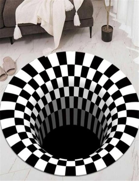 Tapis de chambre à coucher Black White Grid Printing 3D Illusion Vortex Bottomless Hole Carpets For Living Room Home Decoration Tapes 2107276862291