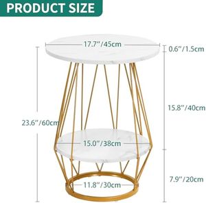 Table d'extrémité ronde au chevet, table d'appoint de canapé en marbre à 2 niveaux avec étagère de rangement, petite table basse moderne avec faux marbre, Whitegold