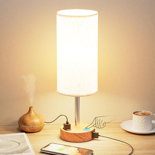 Lámpara de mesita de noche para dormitorio, lámpara pequeña táctil regulable de 3 vías, puertos de carga USB C y salida de CA, base de madera, pantalla redonda de tela de lino f