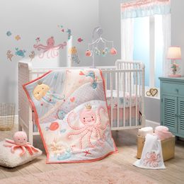 Bedtime Originals Ocean Mist 3-delige roze grijs-gele beddengoedset voor babybedjes