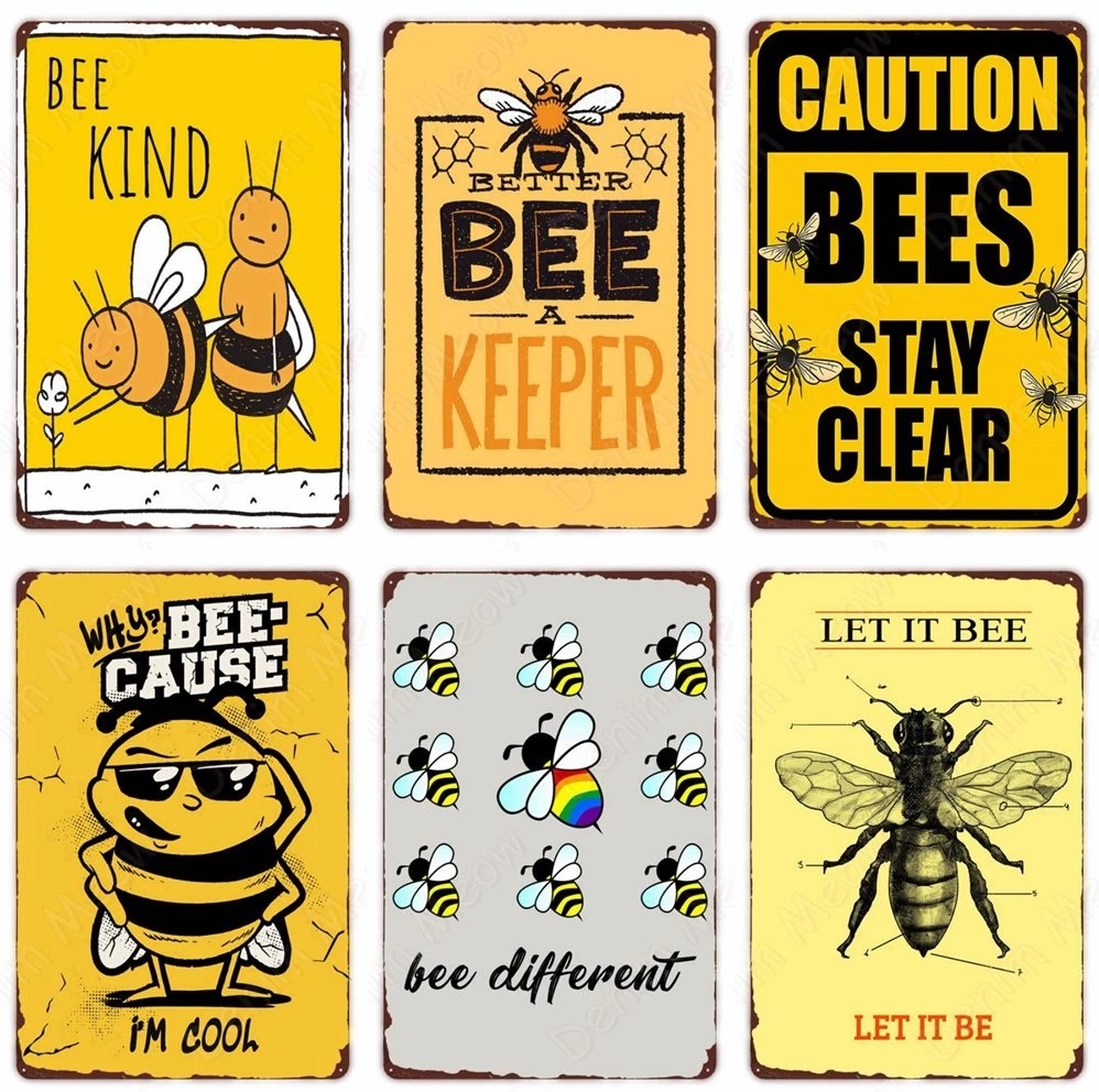 Pszczoły zabawne retro metalowe malarstwo plakat pszczoły happy vintage metalowy znak domowy dekoracja ścienna na świeżym powietrzu Honeybee pszczelarz Slogany Art Tin Plate 30x20cm W03