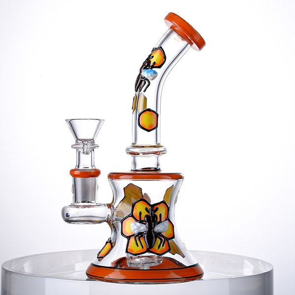 Bee Style Hookahs Heady Glass Bongs únicos Cabezal de ducha Perc Oil Dab Rig Wax Rigs Yellow Water Glass Bong Pipa para fumar con tazón