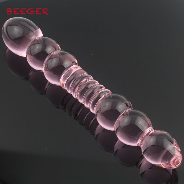 BEEGER femme transparent grosses têtes cristal verre pénis double gode côtes bâton anal jouet plug stimulateur bout à bout sexy