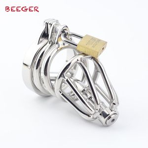 Beeger Male Penis Metal Lock, jaula de castidad de acero inoxidable con inserto uretral, pequeña jaula de novedad con anillo antideslizante Y19070602