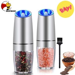 BEEMAN Elektrische automatische zout- en peperstrooier Gravity Spice Mill Verstelbare koffiemolen met LED-licht Keukengereedschap 240110