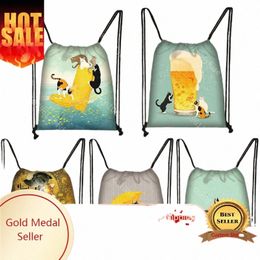 Bière chat sac à cordon sac de sport pochette jaune impression 3D chat sac à dos femmes boutique portable fi sac à chaussures d'école pour fille i2tQ #