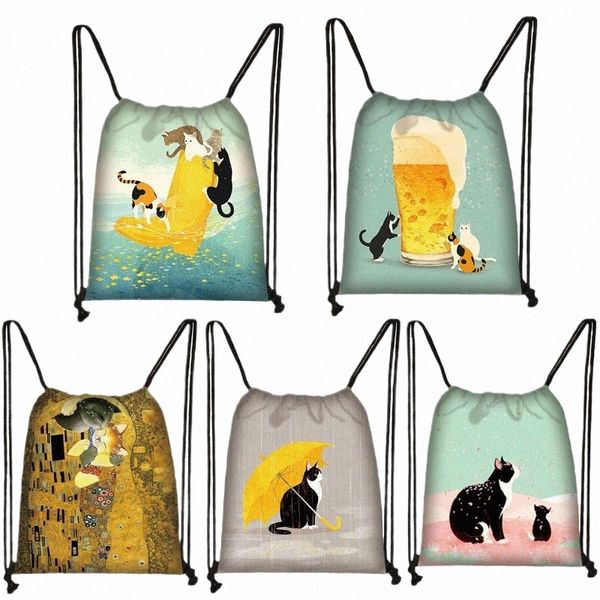 Beat Cat Drawstring Bag Bag Bag Bolsa Amarillo 3D Impresión Mochila Mochila Mujeres Portables Fi Escuela de zapatos para niña T8JD#