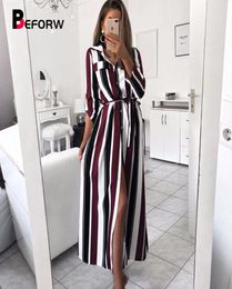 Betterw 2019 Ice Lady Turn-Down Collar Bouton Lace Up Up Long Shirt Robe Femmes Automne Spring Long Manche à manches MAXI Robes Q1904168625696