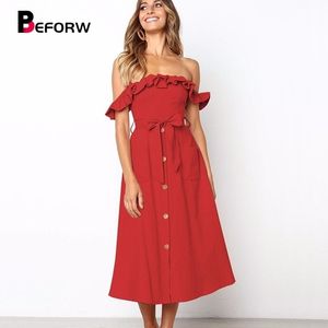 Beforw vrouw sexy off shoulder party midi jurk vrouwen elegante ruches jurken vestido solide casual button zomerjurk 210325