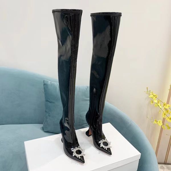 Begum fashion botas sobre la rodilla adornadas con cristales puntiagudos botas altas tacones de carrete elástico Botines hasta el muslo para mujeres zapatos de diseñador de lujo calzado de fábrica