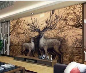 2019 3d papier peint rétro nostalgique dessiné à la main forêt Elk fond peinture murale impression numérique HD décoratif beau mur pa