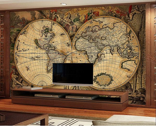 2019 precio bajo para papel de pared mapa del mundo retro europeo decoración de pared de fondo de sofá papel tapiz fino avanzado