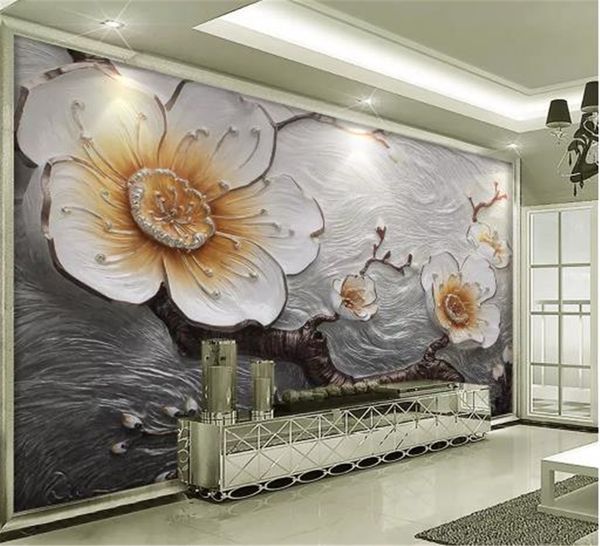 2019 nouveau papier peint 3d résine en relief plaine fleur de prunier gros plan salon décoration murale papier peint avancé