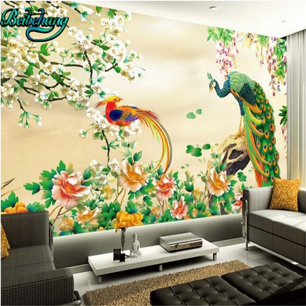 Beibehang pintura china en relieve peonía Pavo Real Fondo pared grandes murales de papel tapiz personalizados