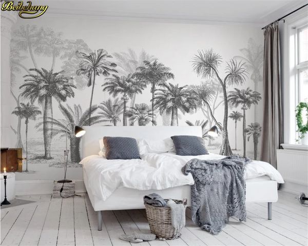 Beibehang personalizado 3d papel pintado mural blanco y negro estilo bosquejo tropical cocotero nórdico TV Fondo pared papel