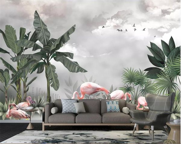 Beibehang personnalisé photo 3d papier peint peint à la main HD nordique plante flamant paysage fond mur 3d papier peint papier peint