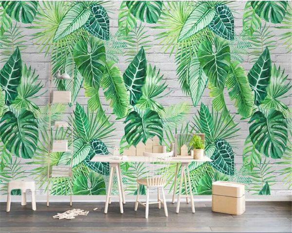 Papel pintado de foto personalizado beibehang, papel tapiz nórdico minimalista de planta tropical, tortuga, hoja trasera, papel tapiz de ladrillo, mural de papel de fondo 3d