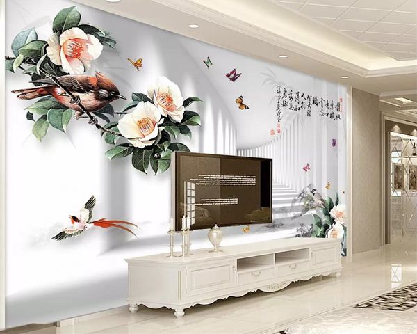 Beibehang papel tapiz personalizado 3d flor china y figura de pájaro pintura de paisaje estéreo TV Fondo pintura de pared papel tapiz 3d