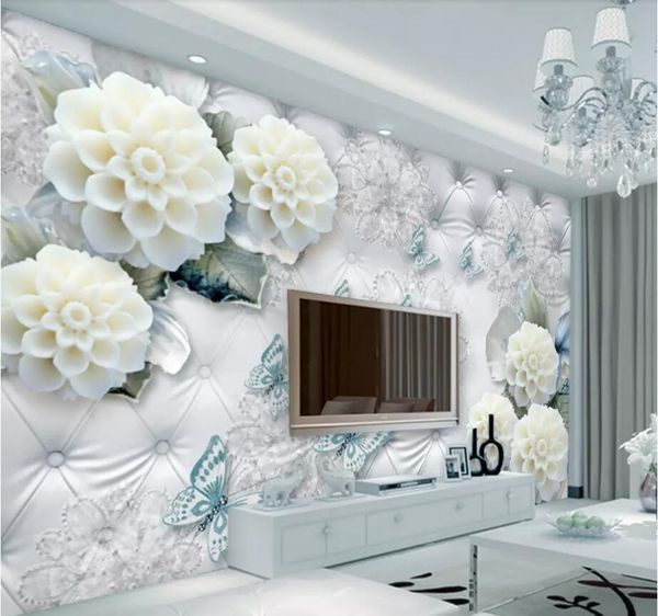 Beibehang personalizada fondo de pantalla 3d decoración del hogar de lujo flor blanca de la joyería de televisión fondo de la pared salón dormitorio