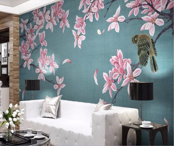 Beibehang papier peint personnalisé fresque des oiseaux Magnolia peints à la main chinoise Chambre Salon peintures murales de fond TV 3d