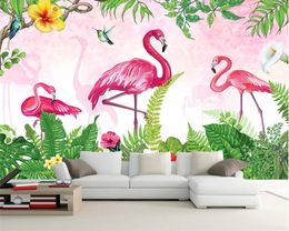 Beibehang Custom Wallpaper Hand geschilderd groen kleine verfrissing landschap flamingo woonkamer bank tv -achtergrond 3d wallpape