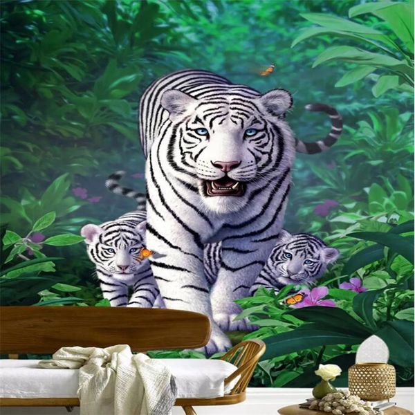 Beibehang personnalisé tigre blanc jungle peint à la main papier peint un arrière-plan porche d'huile chambre d'enfants animaux peinture 3d