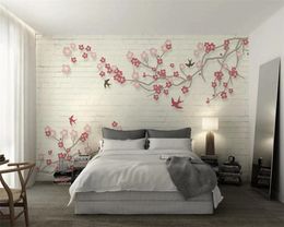 Beibehang aangepaste behang moderne eenvoudige nieuwe Chinese pruim zwaluwen tv achtergrond muur woondecoratie levende muurschilderingen 3d