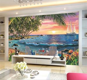 Original Pour papier peint cocotier Double chaise de plage grande mer beau paysage fond peinture murale papier peint