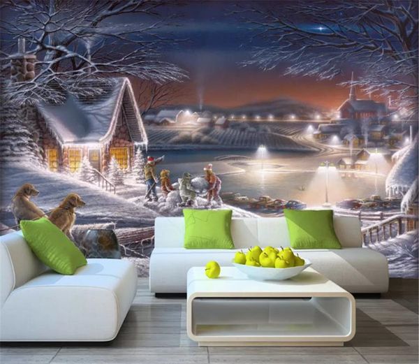 Pintura al óleo de paisaje idílico de escena de nieve de pueblo de nieve minimalista moderno papel tapiz de pintura decorativa para sala de estar