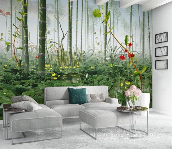 Foto 3d papel tapiz moderno simple 3D Lotus Bamboo Landscape papel de pared personalizado para paredes decoración del hogar