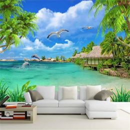 Beibehang Po Mural Papier Peint HD Cocotier Marin Plage Dauphin Mer Paysage 3d papier peint pour salon papel tapiz221S