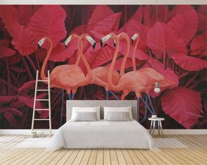 Beibehang behang muurschildering rode tropische planten bladeren flamingo tv achtergrond muur thuis decor woonkamer slaapkamer 3d wallpaper