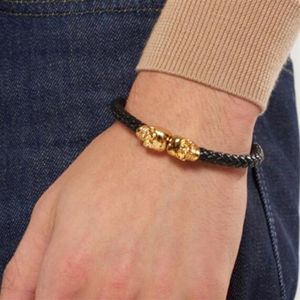 Beichong Bracelet tressé en cuir véritable noir pour homme et femme en acier inoxydable avec crâne du Nord doré me269M