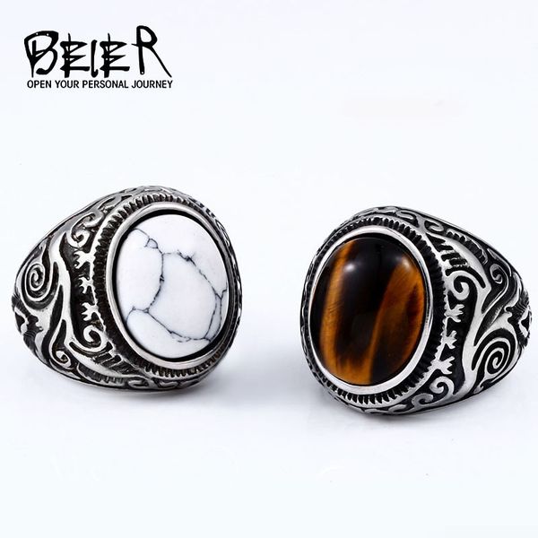 BEIER Vintage homme garçon ovale oeil de tigre marron pierres bague en acier inoxydable bijoux hommes accessoires Anel Aneis BR8 699 220719