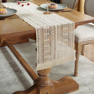 Chemin de Table à pampilles au Crochet Beige, tissu mélangé en coton pour cuisine, salle à manger, café, décor de mariage, d'anniversaire et de vacances, 240325