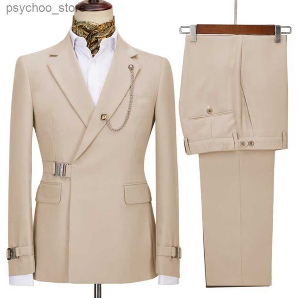 Beige Double boutonnage hommes costumes 2 pièces ceinture conception manteau pantalon dernière conception costumes de mariage marié bal Tuxedos Blazer ensemble Q230828