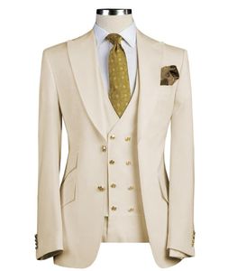 Beige Bruidegom Tuxedos Piek Revers Groomsmen Mens Trouwjurk Uitstekende Man Jacket Blazer 3 Stuk Suit Custom Made (Jacket + Pants + Vest + Tie) 686