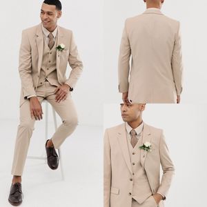 Esmoquin de boda para padrinos de boda de color Beige, trajes de hombre con solapa con muesca entallados, traje Formal de chaqueta para graduación de 3 piezas (chaqueta + chaleco + pantalones)