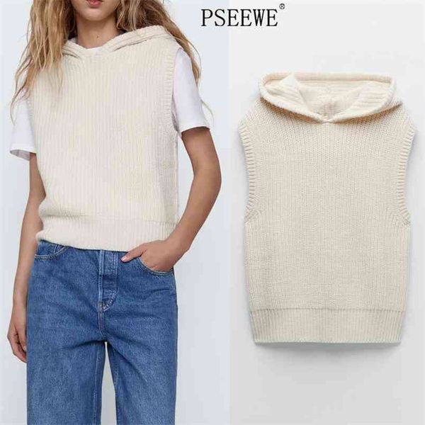 Beige con capucha suéter de punto chaleco mujeres vintage preppy costilla sin mangas mujer invierno casual jersey 210519