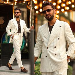 Beige Ivory Striped Tuxedos Mens Broek Pak 2 Stuks Double Breasted Groom Draag Peaked Revers Prom Party Blazer (Jack + Pants)