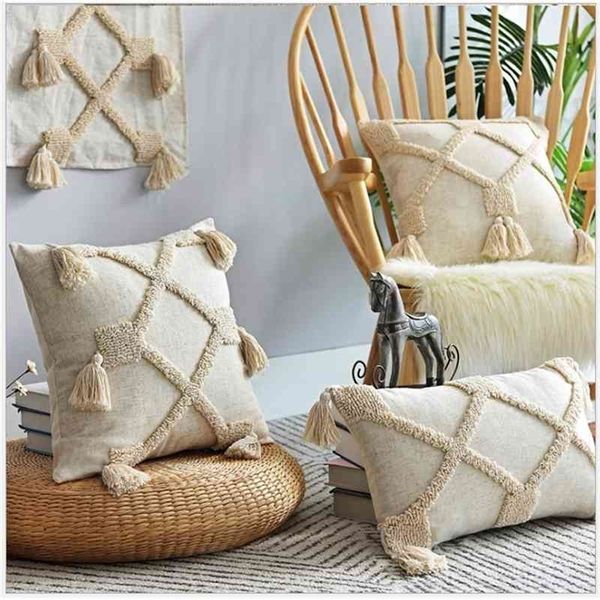 Coussin de coussin de coton de linge beige 30x50cm / 45x45cm Glands Coussin de broderie Home Decor Canapé Taie d'oreiller Taie d'oreiller 210401