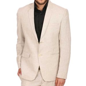 Beige linnen zomer mannen pakken voor prom 2 stuk bruidegom tuxedo met gekerfde revers custom man mode kleding set blazer met broek x0909