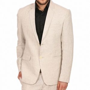 Tuxedo de mariage en lin beige pour hommes 2 pièces costume d'été plage revers cranté mâle fi ensemble veste avec pantalon 2024 en stock j5KM #