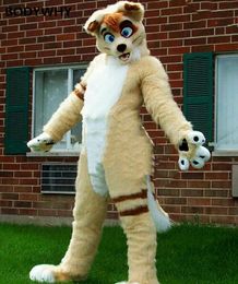 Beige Long-Fur Fursuit Dog Mascot Kostuum Fox Outfit Adult Stage Performance Fancy Party Fancy Dress voor Halloween