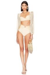 Bikini en maille à manches longues beige ensemble pour les femmes du design se sent des tenues de plage à taille haute