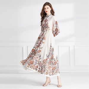 Beige Paisley Floral Maxi Robe Femme Designer Manches Bouffantes Col Montant Simple Boutonnage À Lacets Fête De Vacances Robes Longues Robe 2023 Printemps Automne Piste Robes